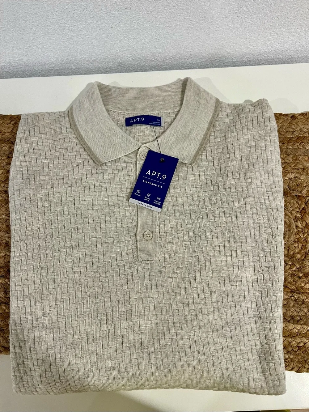 Apt. 9 Men's Cream Textured Long-Sleeve Polo Shirt - Picture 9 of 10